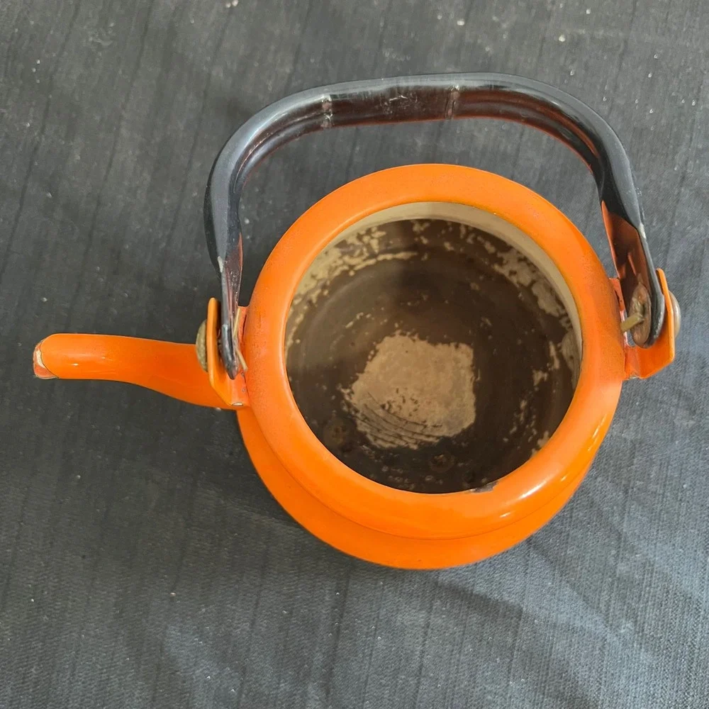Vintage JCP Japan Orange Enamel‎ Tea Kettle Mid Century Modern Retro Bell Bottom